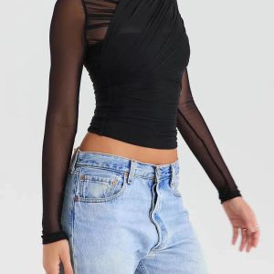 Ruched Sheer Zip-Up Mesh Top - Grunge Style Clothing & Aesthetic Outfit