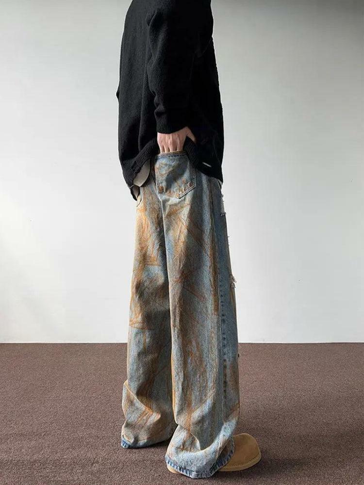 Rusty Pattern Wide Leg Denim Jeans for Grunge Style Aesthetic Outfits