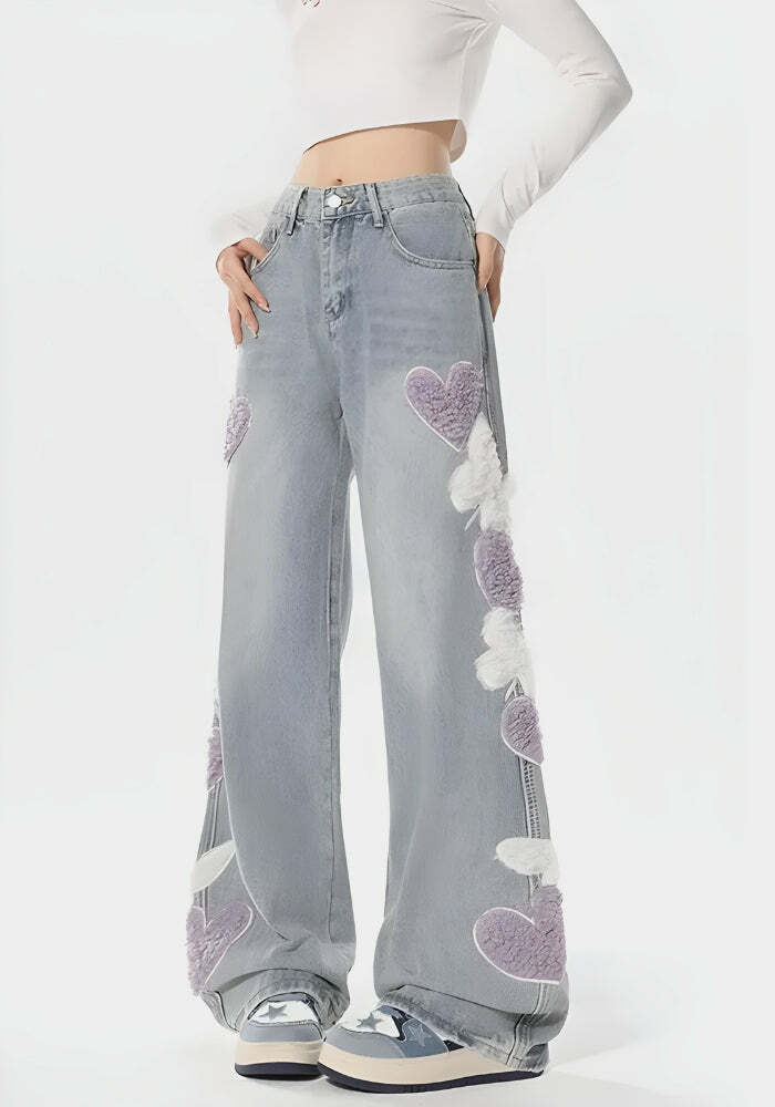 Soft Girl Fluffy Heart Butterfly Grunge Style Denim Set & Cropped Vest