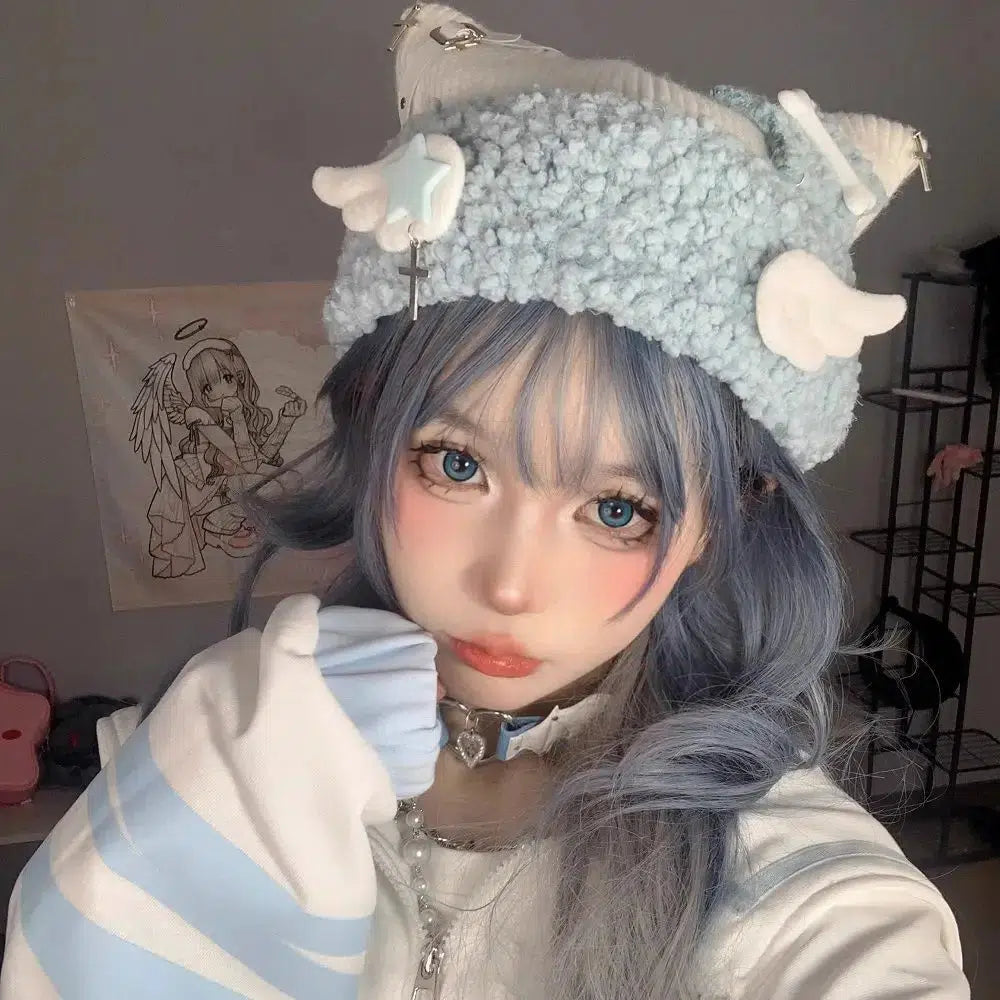 Soft Girl Kawaii Knitted Beanie with Wings for Aesthetic Outfits