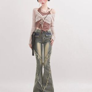 Soft Grunge Tasseled Flare Jeans - Aesthetic Denim for Unique Styles