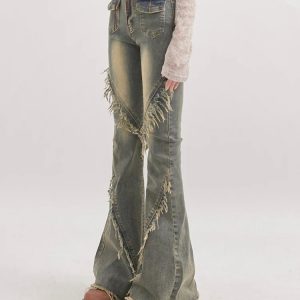 Soft Grunge Tasseled Flare Jeans - Aesthetic Denim for Unique Styles