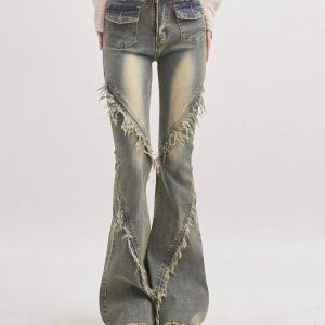 Soft Grunge Tasseled Flare Jeans - Aesthetic Denim for Unique Styles