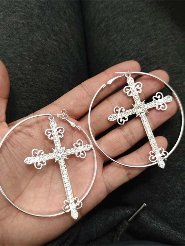 Sparkle Cross Hoop Earrings - Grunge Style Aesthetic Jewelry for Outfits