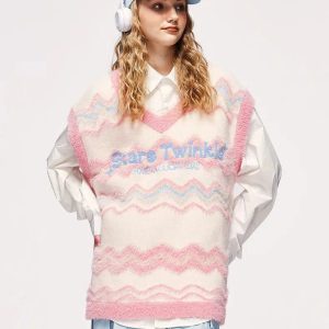 Stars Twinkle Fluffy Cropped Sweater Vest - Grunge & Aesthetic Style