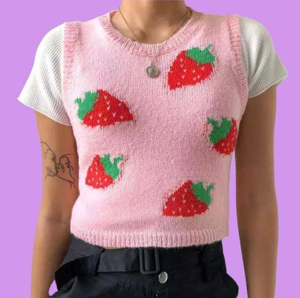 Strawberry Sleeveless Sweater Vest - Grunge Style Aesthetic Top