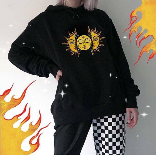 Sun Moon Face Hoodie - Grunge Style Clothing for Aesthetic Outfits