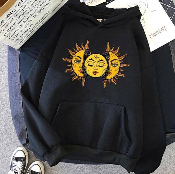 Sun Moon Face Hoodie - Grunge Style Clothing for Aesthetic Outfits