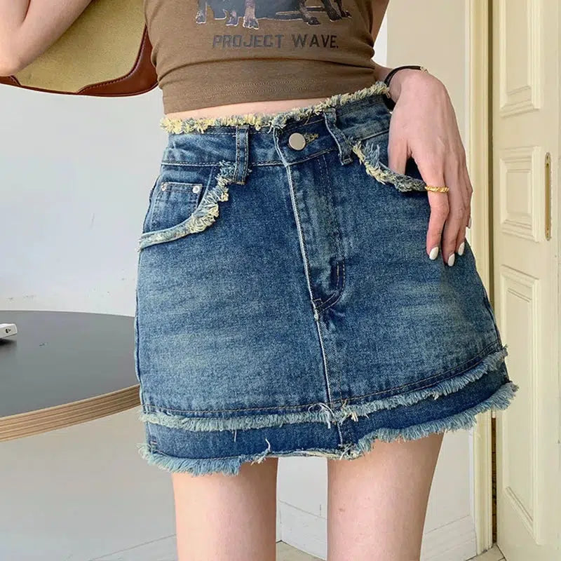 Tasseled Denim Mini Skort - Grunge Style Clothing for Aesthetic Outfits