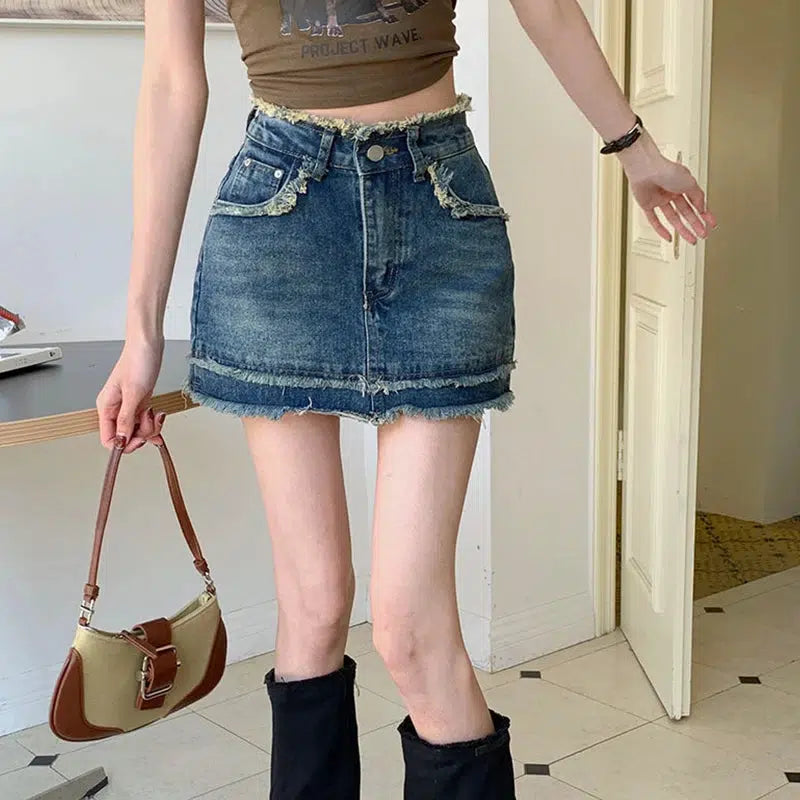 Tasseled Denim Mini Skort - Grunge Style Clothing for Aesthetic Outfits