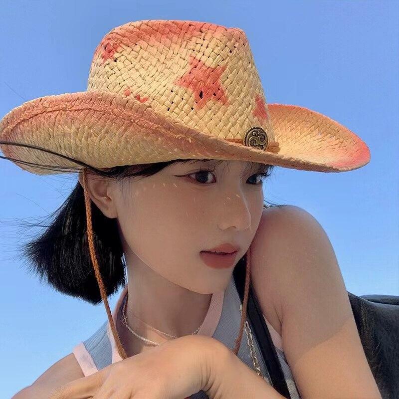 Trendy Cowgirl Adjustable Woven Straw Hat for Aesthetic Outfits