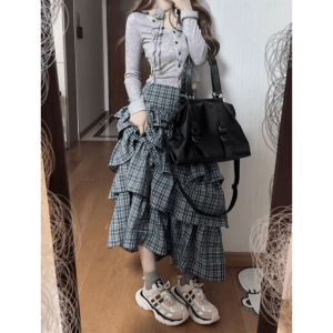 Trendy Long Plaid Y2K Skirt - Grunge Style Aesthetic Fashion Essential