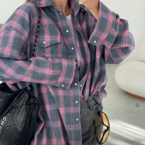 Trendy Oversized Pink Plaid Shirt - Grunge Style Aesthetic Top