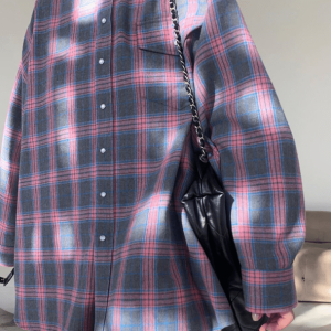 Trendy Oversized Pink Plaid Shirt - Grunge Style Aesthetic Top