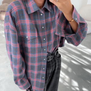 Trendy Oversized Pink Plaid Shirt - Grunge Style Aesthetic Top