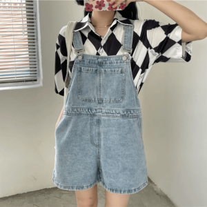 Trendy Short Sleeve Denim Romper for Aesthetic Outfits & Grunge Style