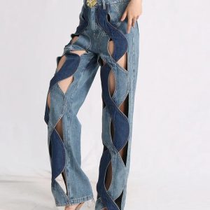 Trendy Two-Piece Denim Cut-Out Set: Grunge Style Aesthetic Outfit