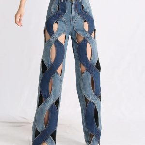 Trendy Two-Piece Denim Cut-Out Set: Grunge Style Aesthetic Outfit