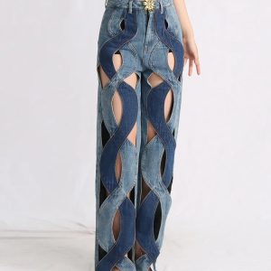 Trendy Two-Piece Denim Cut-Out Set: Grunge Style Aesthetic Outfit