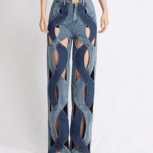 Trendy Two-Piece Denim Cut-Out Set: Grunge Style Aesthetic Outfit