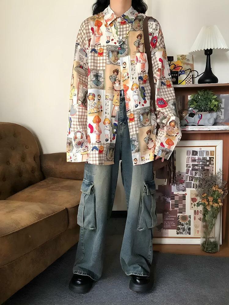 Vintage Cartoon Oversized Grunge Style Shirt for Aesthetic Outfits