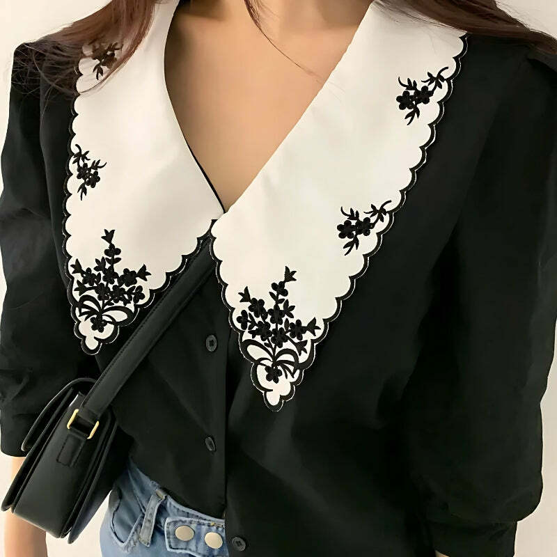 Vintage Embroidered Collar Shirt - Aesthetic Grunge Style Clothing