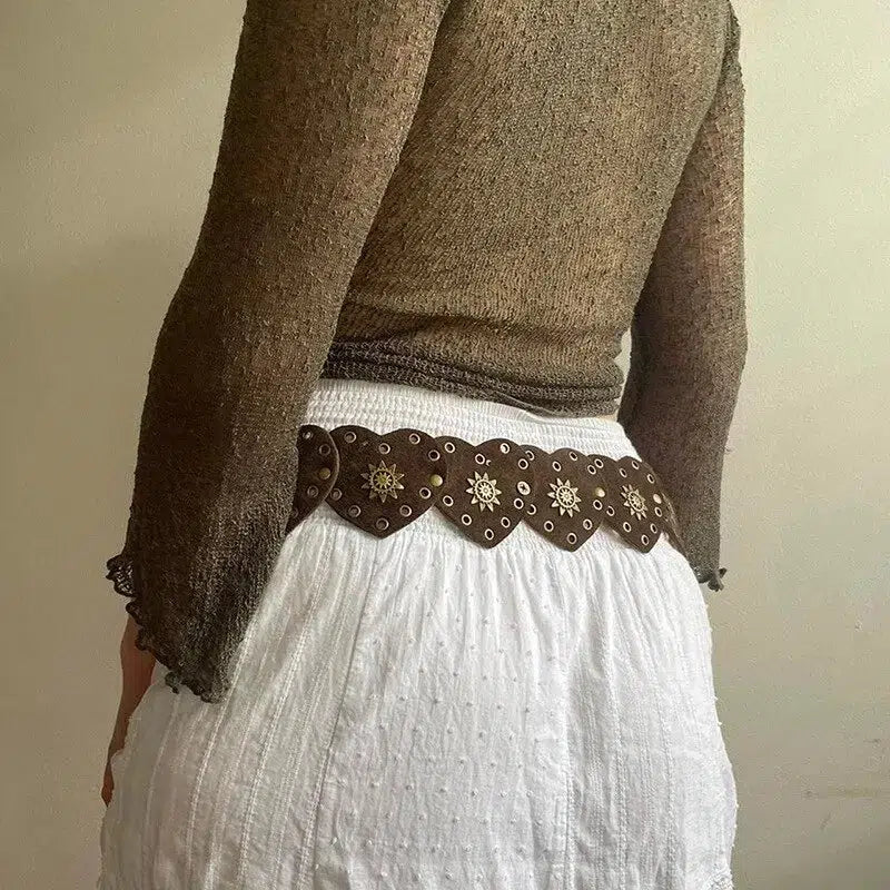 Vintage Ethnic Heart Suede Waist Belt for Aesthetic Outfits and Styles