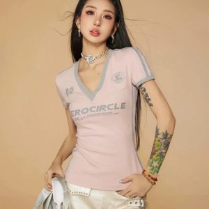 Vintage Striped V-Neck Jersey Top - Grunge Style Aesthetic Clothing