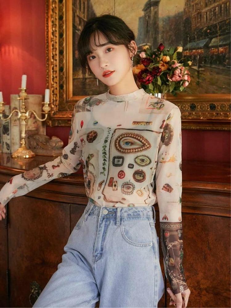 Vintage Symbols Sheer Top - Grunge Style Clothing & Aesthetic Outfit