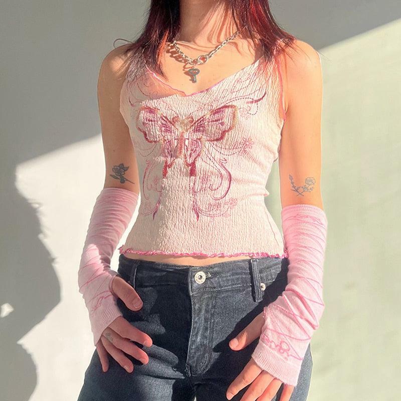 Y2K Butterfly Grunge Pink Crop Top - Aesthetic Soft Girl Style