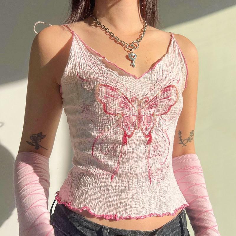 Y2K Butterfly Grunge Pink Crop Top - Aesthetic Soft Girl Style