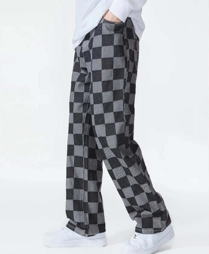 Y2K Checkered Black Pants - Grunge Style Aesthetic Outfit Essential