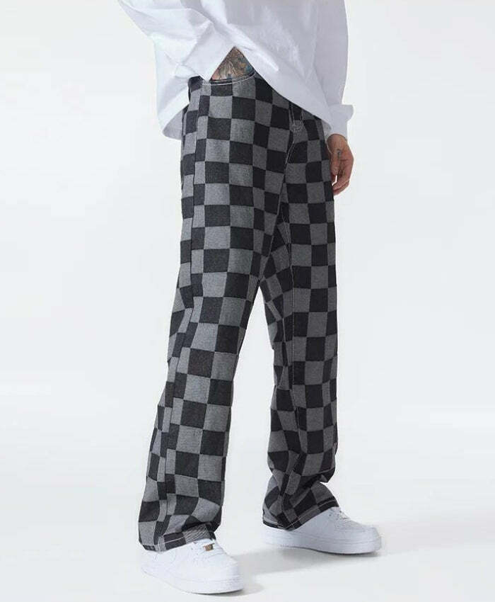 Y2K Checkered Black Pants - Grunge Style Aesthetic Outfit Essential