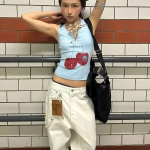 Y2K Cherry Top: Grunge Style Cropped Sweater Vest & Aesthetic Outfit