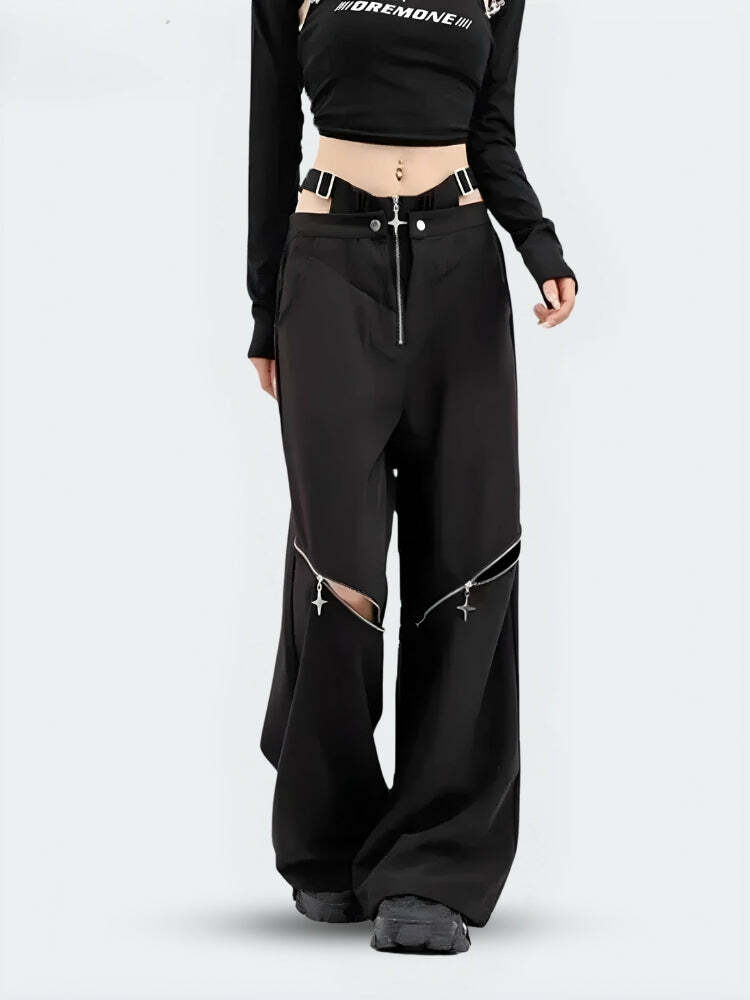 Y2K Cut Out Waist Pants - Grunge Style Aesthetic Denim Set