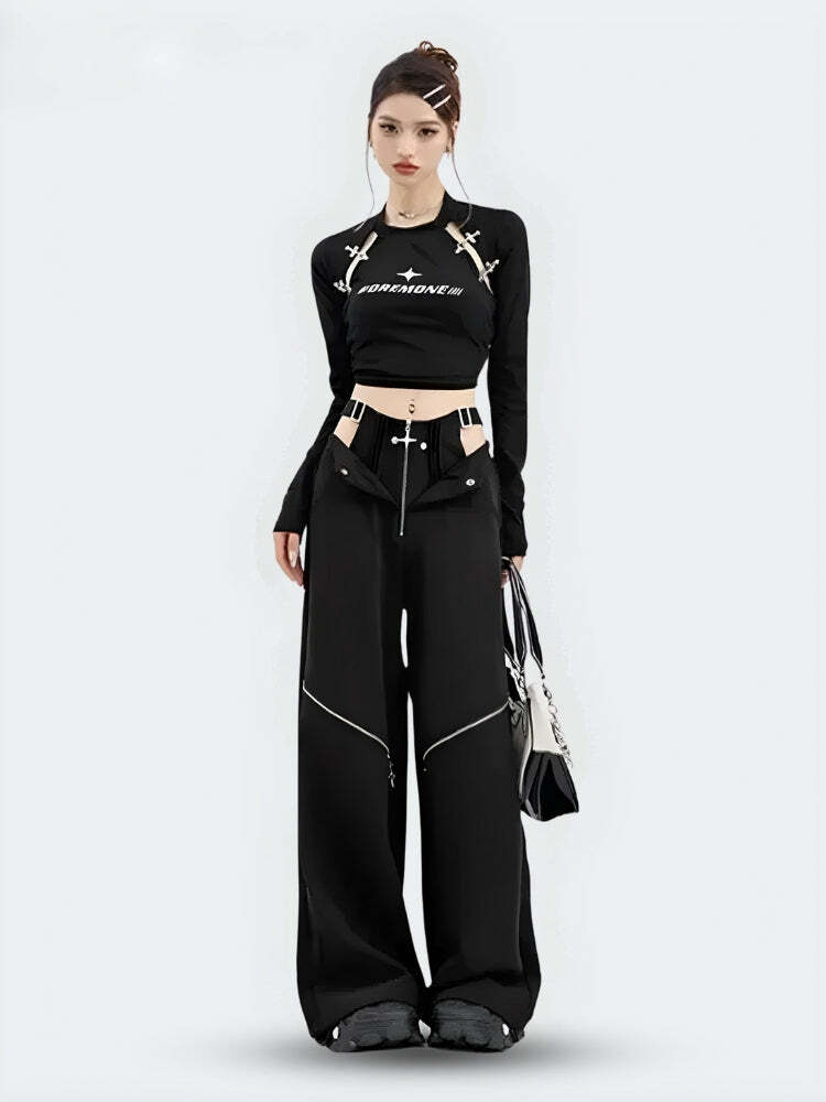 Y2K Cut Out Waist Pants - Grunge Style Aesthetic Denim Set