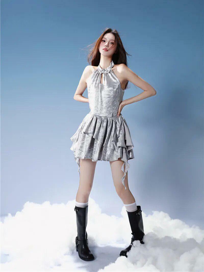 Y2K Cyber Halter Neck Mini Dress - Grunge Style Aesthetic Outfit