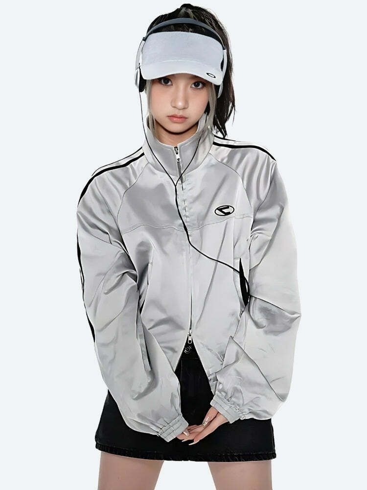 Y2K Cyberpunk Reflective Double Zip-Up Jacket for Aesthetic Outfits