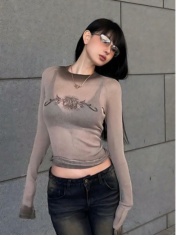 Y2K Cyberpunk Sheer Top with Sigil Design for Aesthetic Outfits