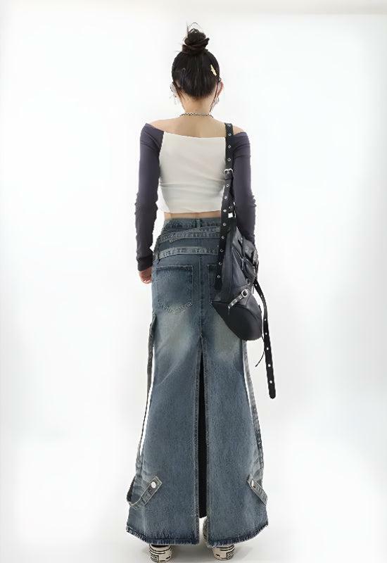 Y2K Denim Maxi Skirt - Grunge Style Clothing for Aesthetic Outfits