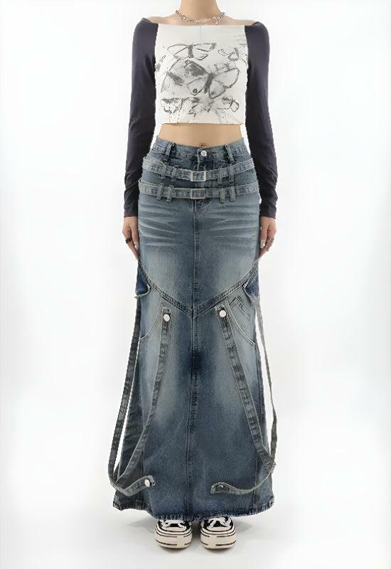 Y2K Denim Maxi Skirt - Grunge Style Clothing for Aesthetic Outfits