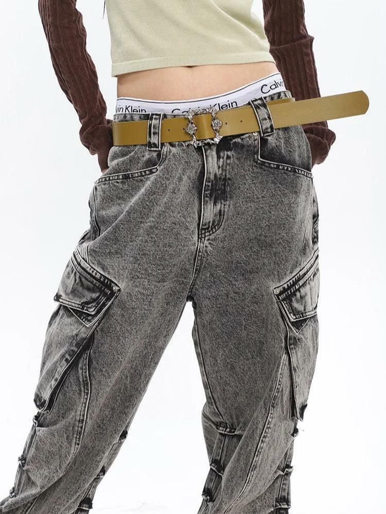 Y2K Distressed Cargo Jeans with Big Pockets for Grunge Aesthetic Outfits