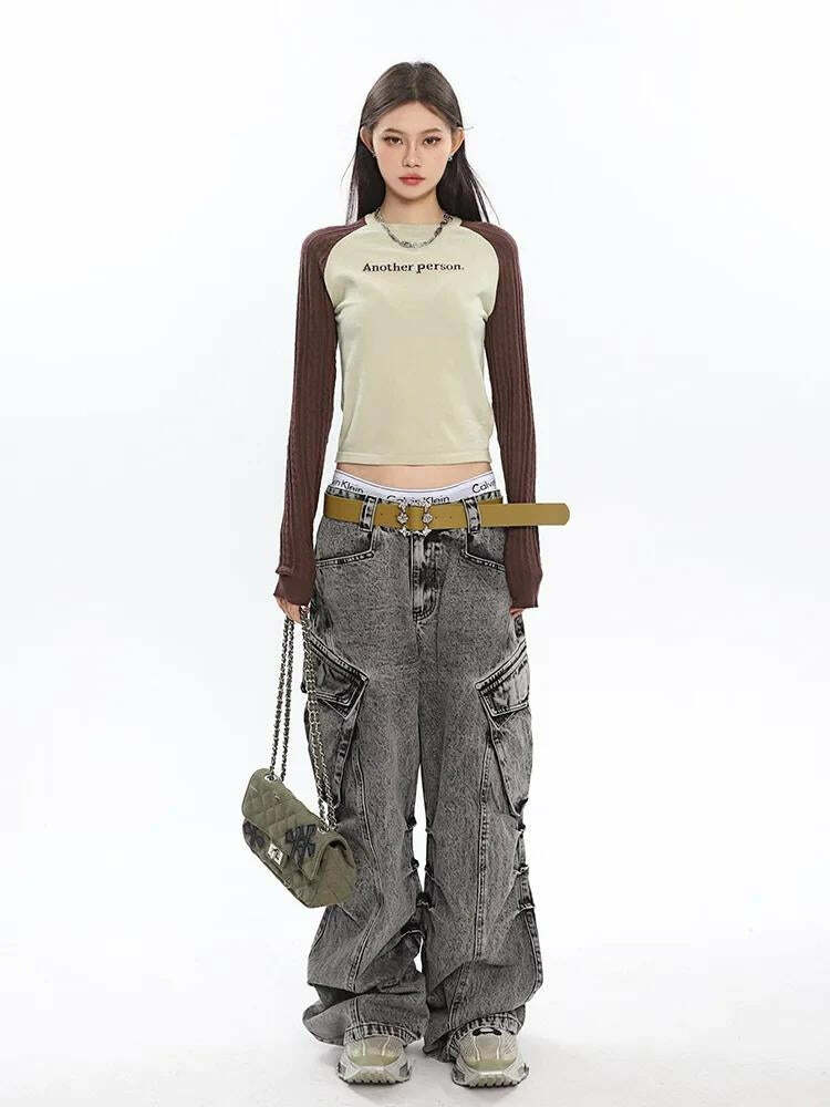 Y2K Distressed Cargo Jeans with Big Pockets for Grunge Aesthetic Outfits