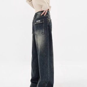 Y2K Distressed Wide Leg Jeans with Pockets for Grunge Aesthetic Outfits