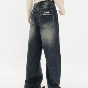 Y2K Distressed Wide Leg Jeans with Pockets for Grunge Aesthetic Outfits