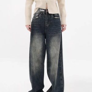 Y2K Distressed Wide Leg Jeans with Pockets for Grunge Aesthetic Outfits