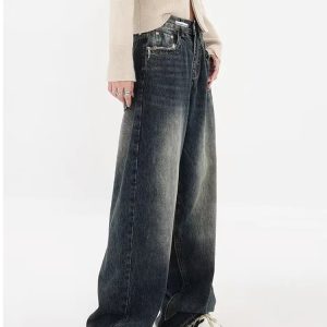 Y2K Distressed Wide Leg Jeans with Pockets for Grunge Aesthetic Outfits