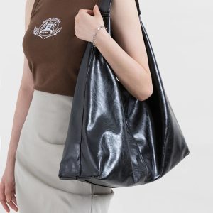 Y2K Faux Patent Leather Hobo Bag for Aesthetic Outfits and Styles