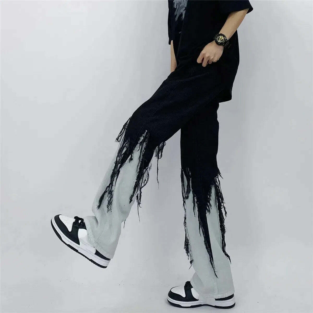 Y2K Grunge Fringed Straight Leg Jeans for Aesthetic Outfits