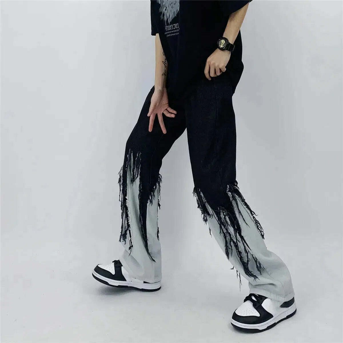 Y2K Grunge Fringed Straight Leg Jeans for Aesthetic Outfits